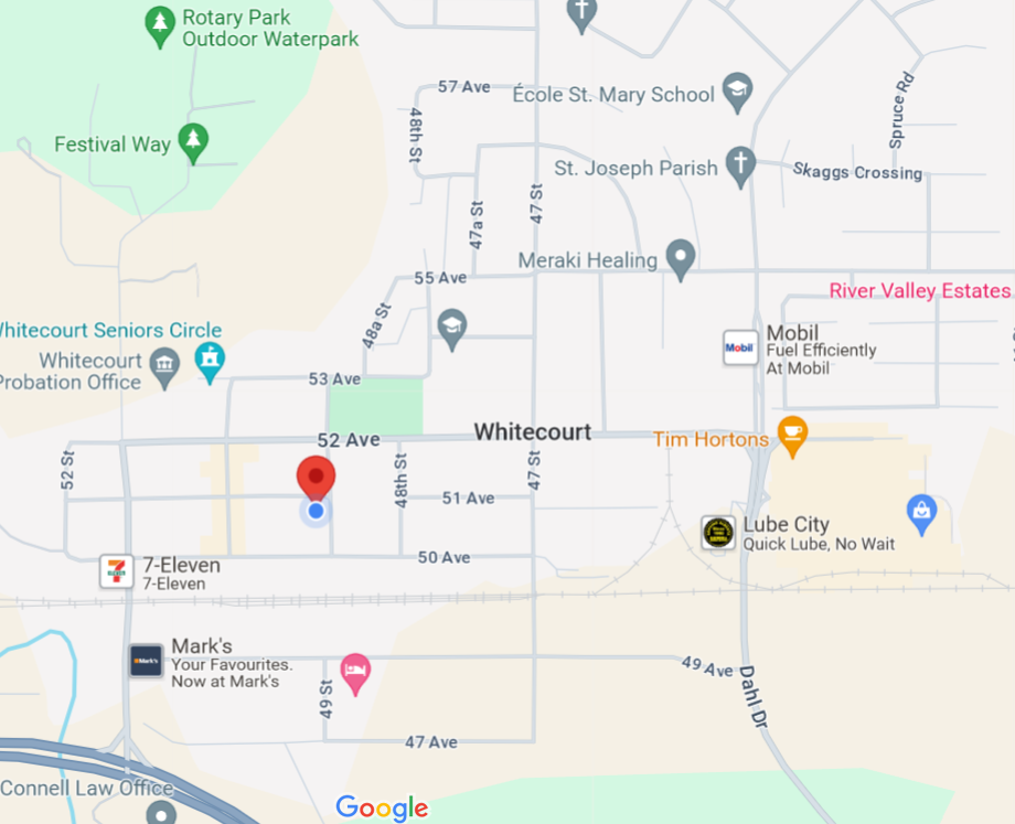 Map of downtown Whitecourt with a red pin showing the location of the Community Adult Learning Centre at 4907 51 Avenue